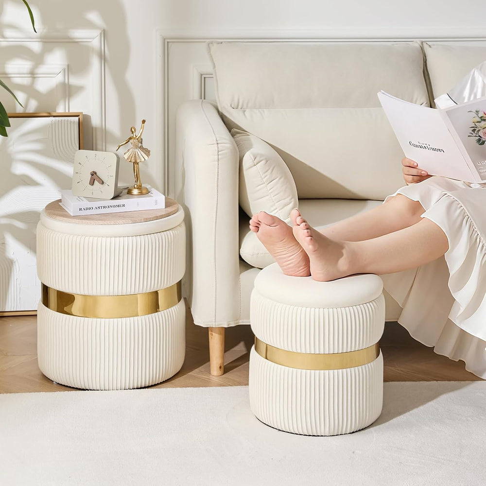 Round Ottoman with Storage Set of 2 White Velvet Vanity Stool