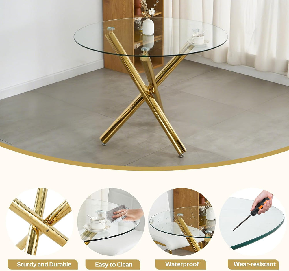39'' Round Glass Dining Table Set for 4, Gold Modern Kitchen Table wi...