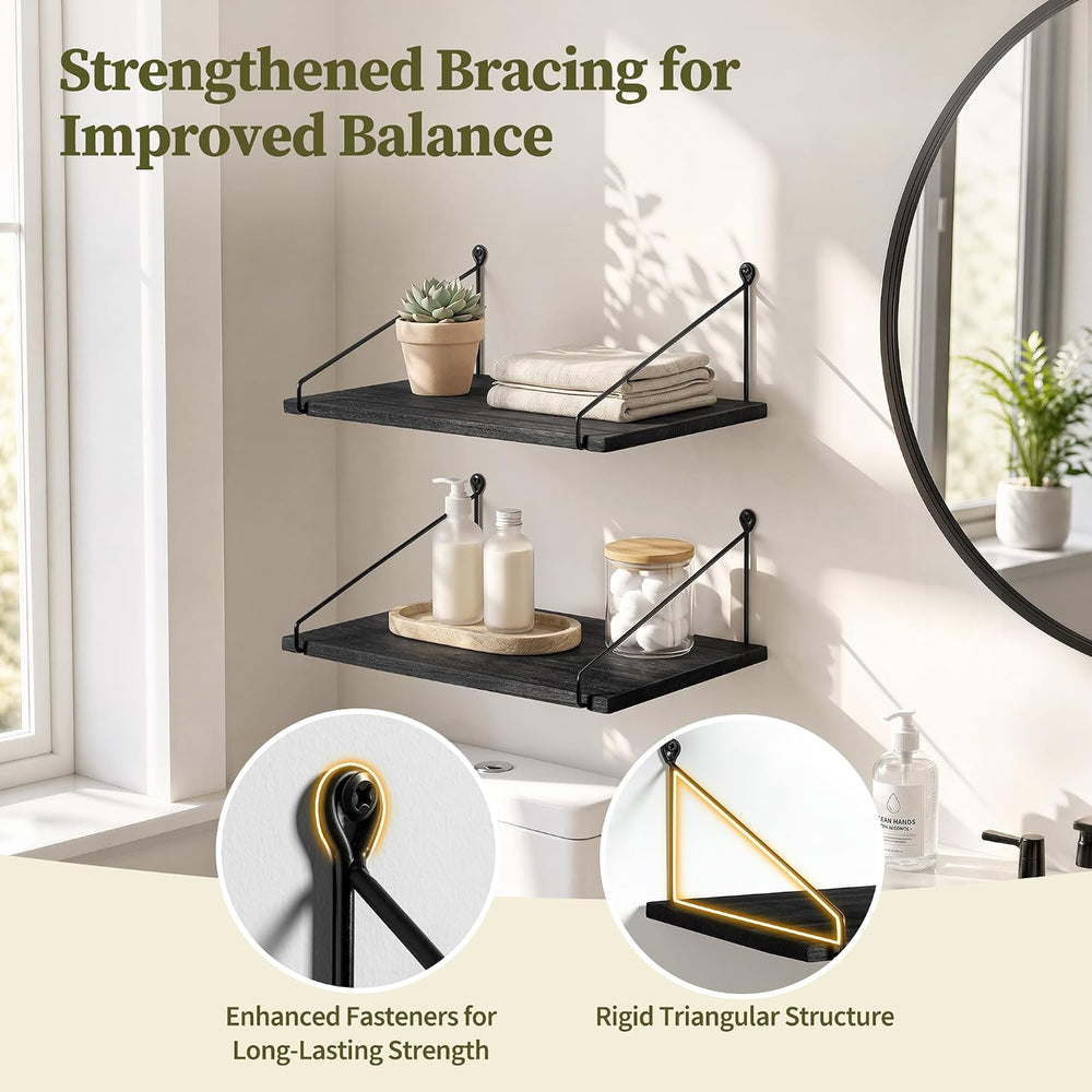 Afuly 12 inch Deep Floating Shelves for Wall, Black Wide Shelf, Solid Wood