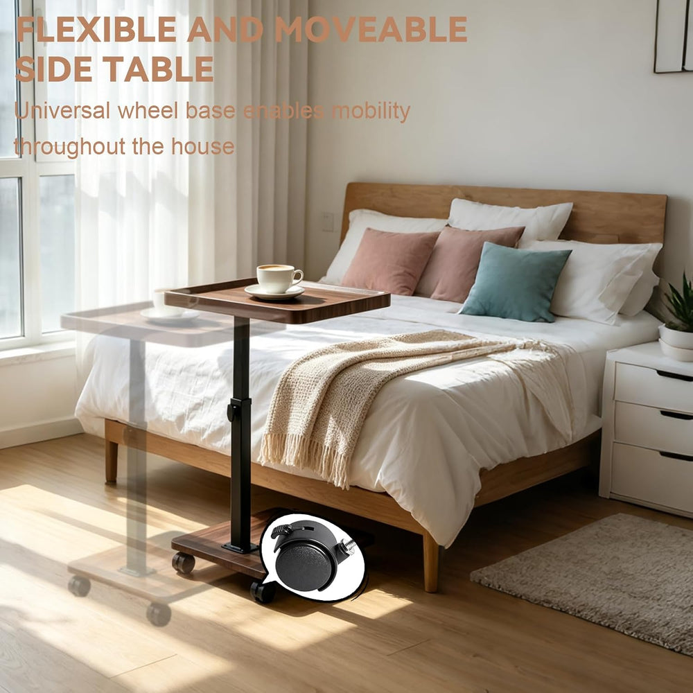 Small Rolling Side Table Adjustable Height, 360°Swivel C Table for Bed