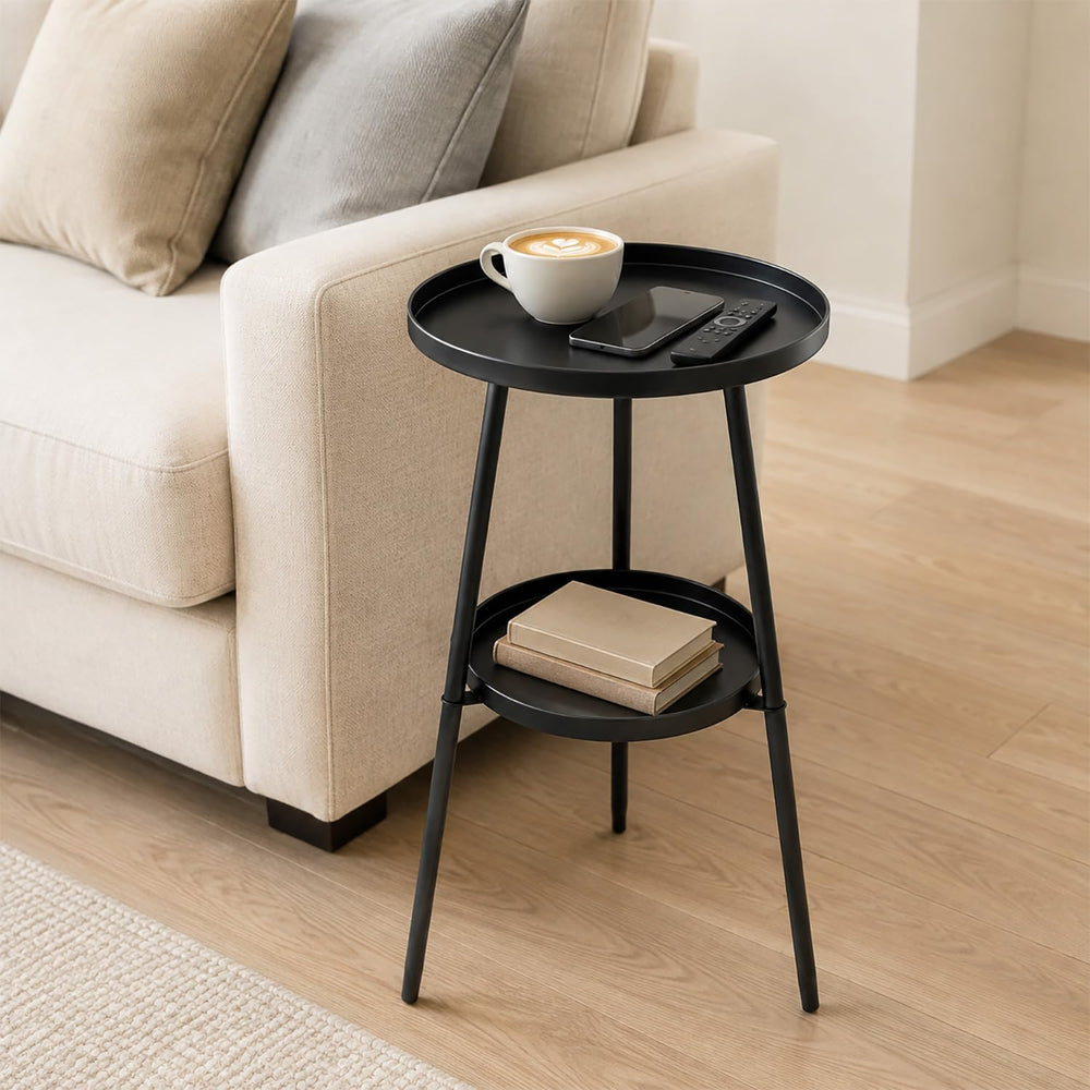2-Tier Metal Outdoor Side Tables Set of Two 12.6" Round Black End Tables...
