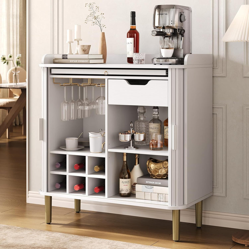 ONBRILL Fluted Bar Cabinet with Storgae, Wine Cabinet, 33" H, White