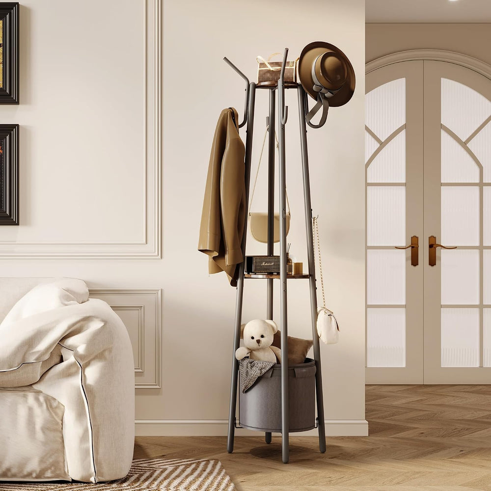 Homeiju Coat Rack with Storage Basket & 12 Hooks, Freestanding Heavy Duty...