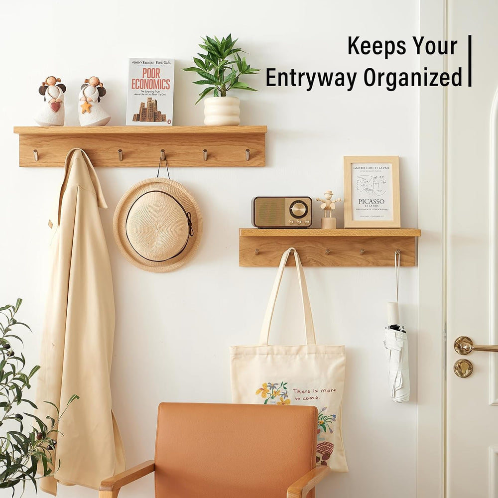 Wall Hooks with Shelf Oak Wood Coat Rack Shelf Wall Mounted, Entryway Shelves...