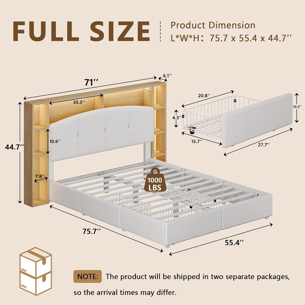 Einhomn Full Size Platform Bed Frame with 5-Tier Storage Headboard White