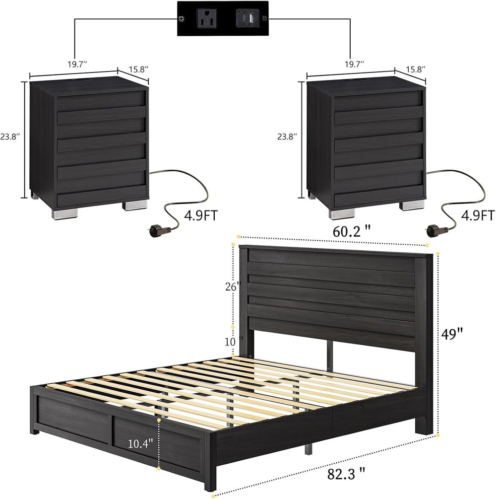 LUXOAK 3 Piece Slatted Bedroom Set Queen Bed Frame & 2 Nightstands, Black