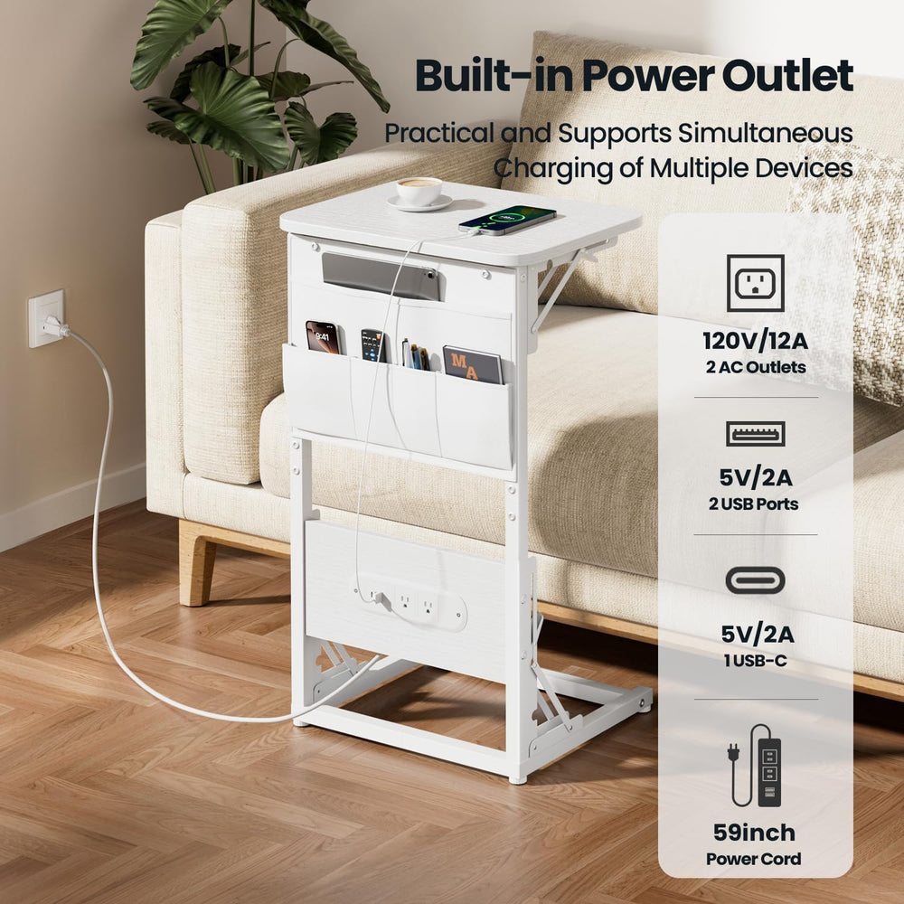 HLDIRECT C Shaped End Table with Charging Station & Storage Bag White