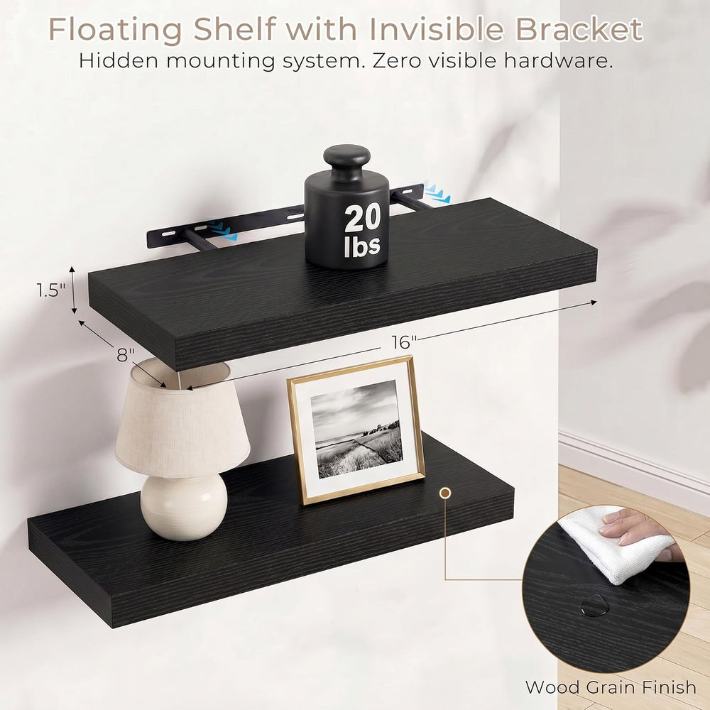 Vivelove 8 Inch Deep Floating Shelves Black, 16 x 8, Set of 2