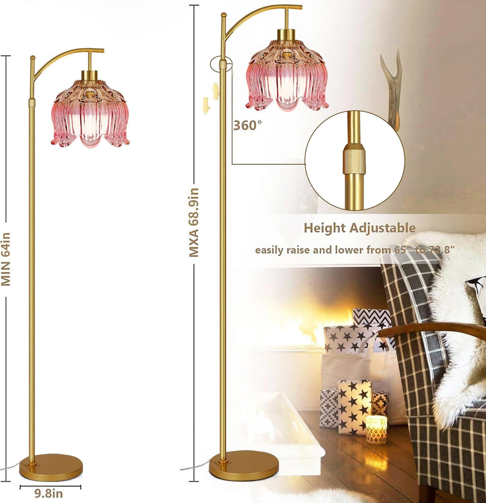 QIYIZM Pink Floor Lamp for Living Room,Bedroom,Glass Gold Dimmable Standing L...