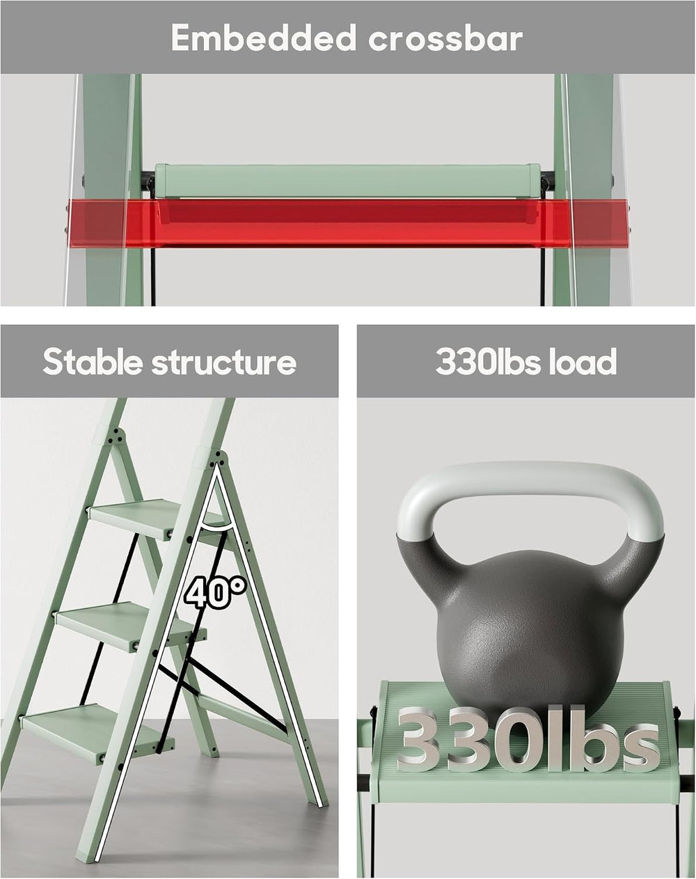 HillhutApex Aluminum 3 Step Ladder, Step Stool Foldable Ladder(Pale Green)