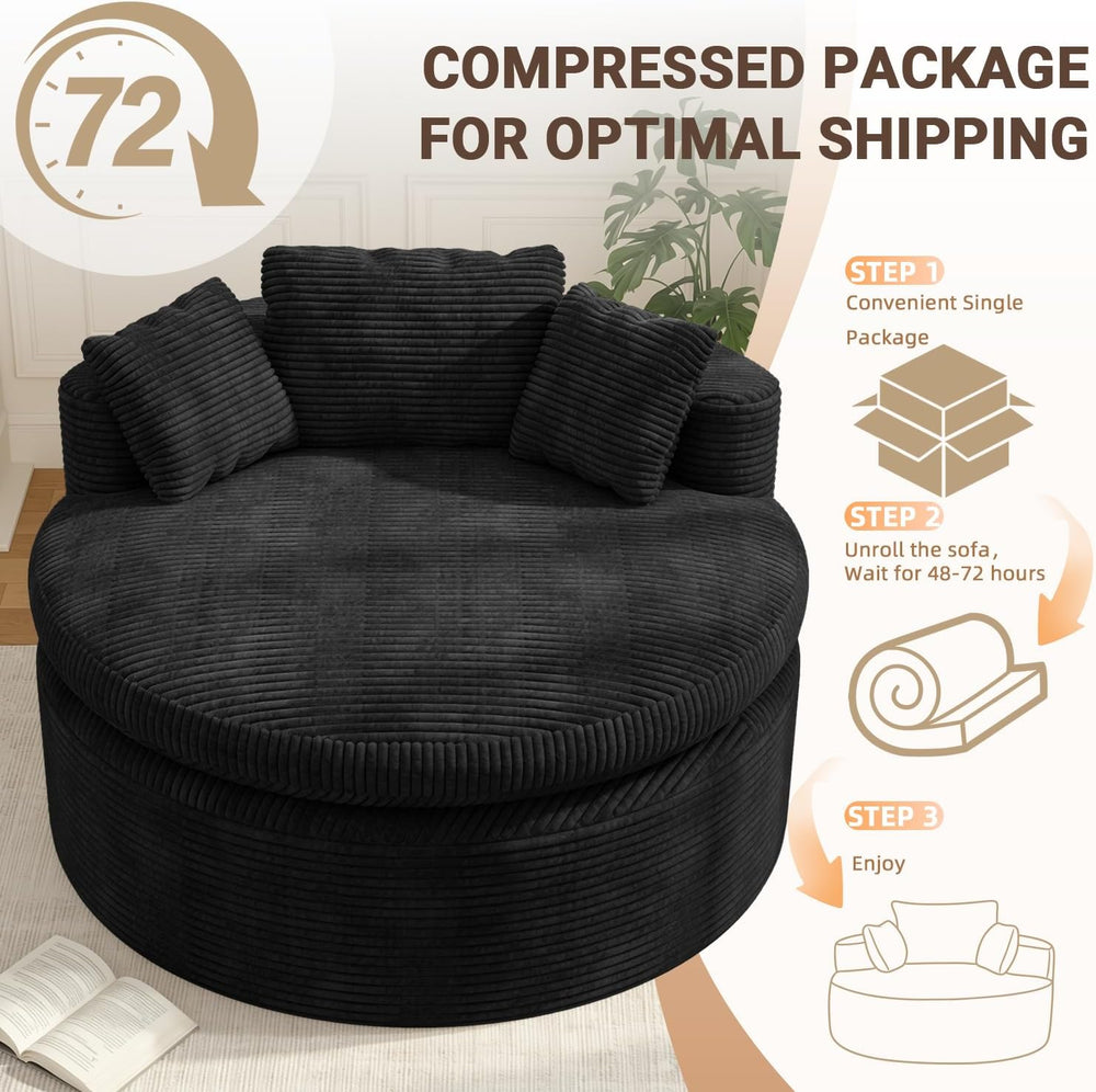 Oversized Round Chair Lounge Chaise, 58'' Corduroy Sofa Bed, Black