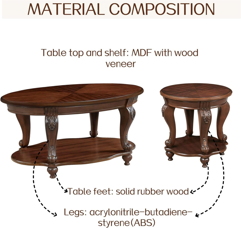 LKTART 42" Vintage Oval Coffee Table, 2 Tier with Storage Shelf, Cherry