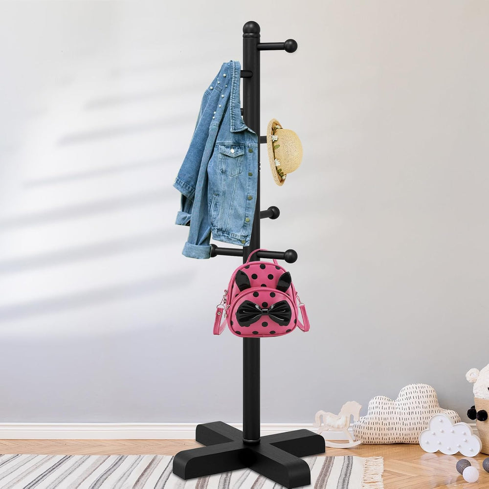 8-Hook Freestanding Wooden Coat Rack 2 Adjustable Heights BLACK