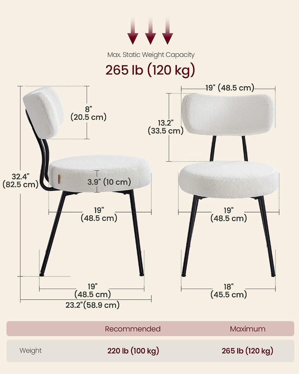 VASAGLE Boucle Dining Chairs Set of 2, Upholstered Kitchen Chairs