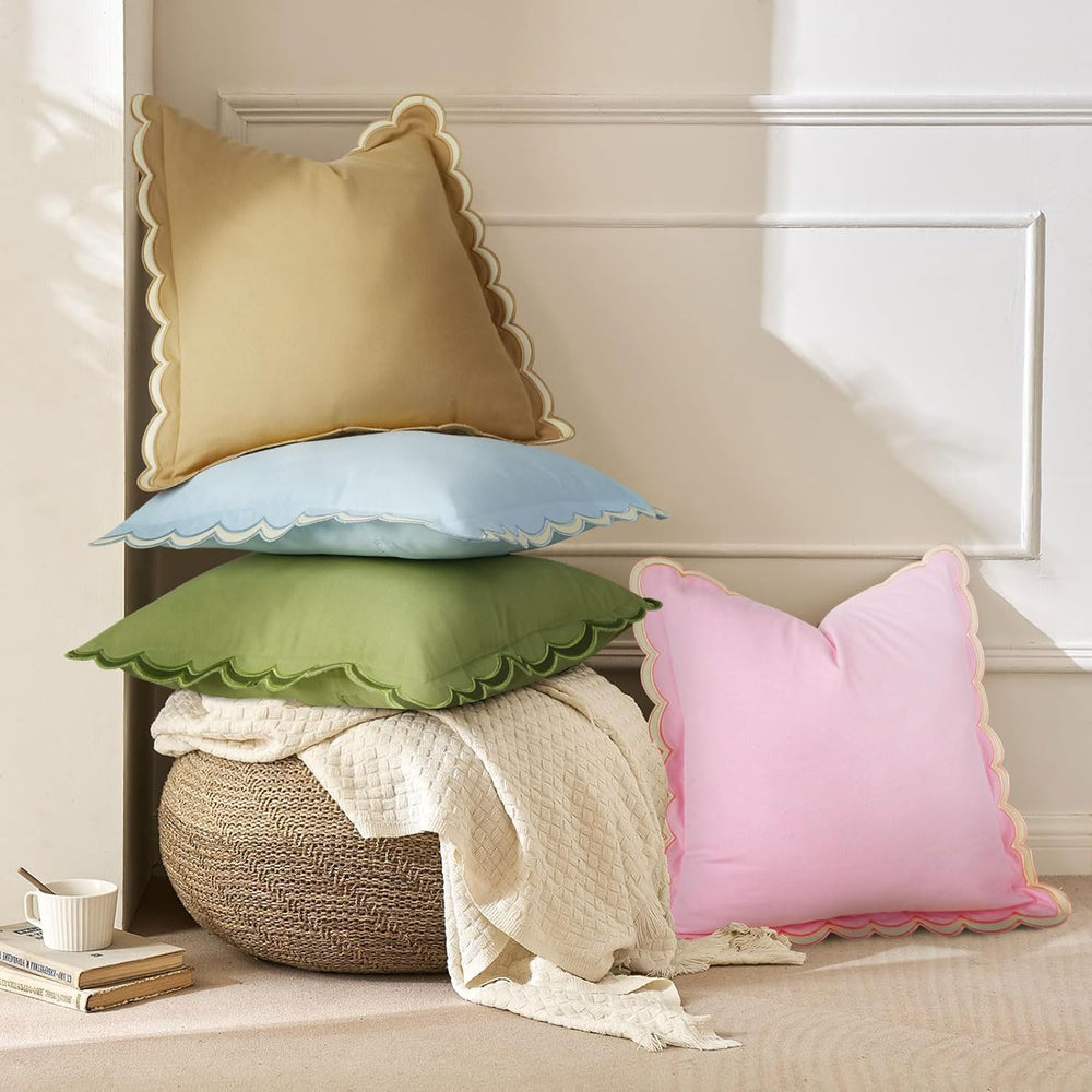 Scalloped Throw Pillow Covers Set of 2, 18x18 Inch Double Stitch Decorative C...