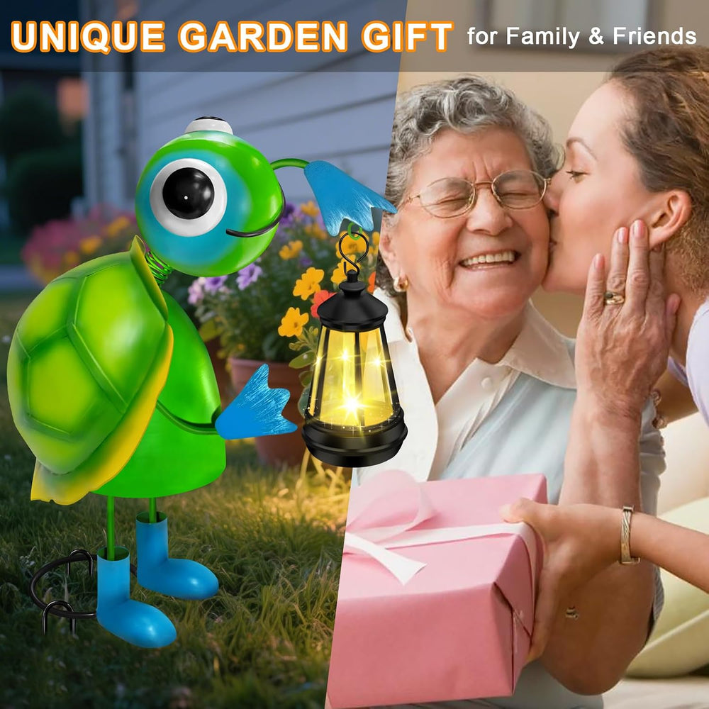 Solar Garden Lights 13.78in Metal Turtle Statue with Solar Lantern Lights
