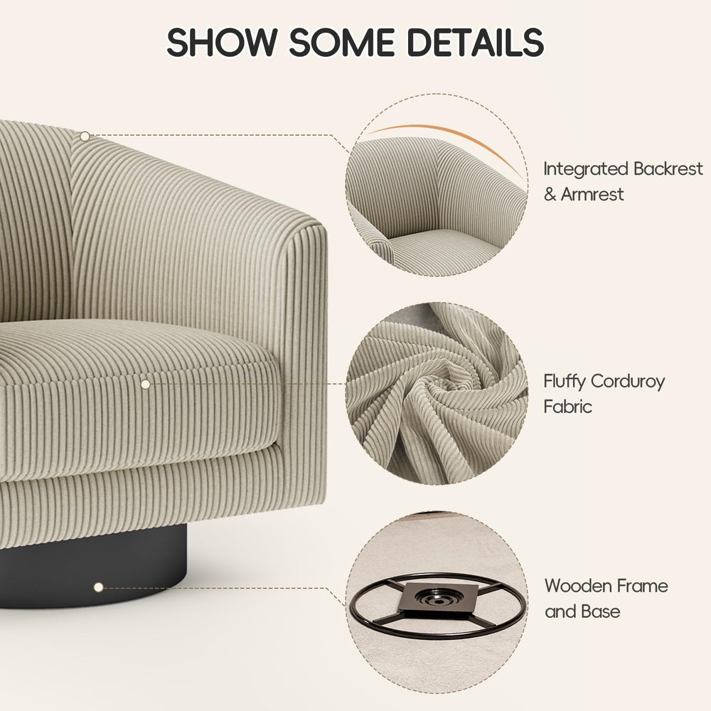 360° Swivel Accent Chairs, Corduroy Barrel Armchair. Camel
