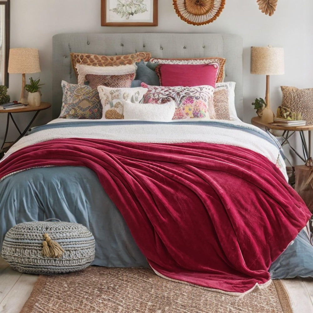 Tache Sherpa Throw Blanket Red 50x60 Inch - Solid Burgundy Wine Red and White...
