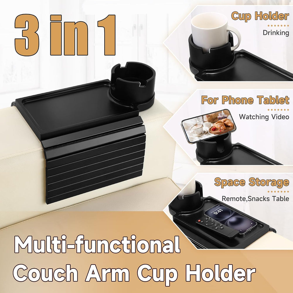 SINWANT Couch Armrest Table,Bamboo Folding Couch Cup Holder Tray,Black