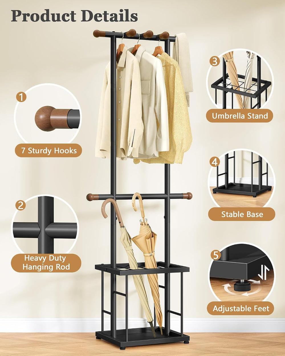 FAVOOSTY Coat Rack Freestanding with Umbrella Holder for Entryway, Black