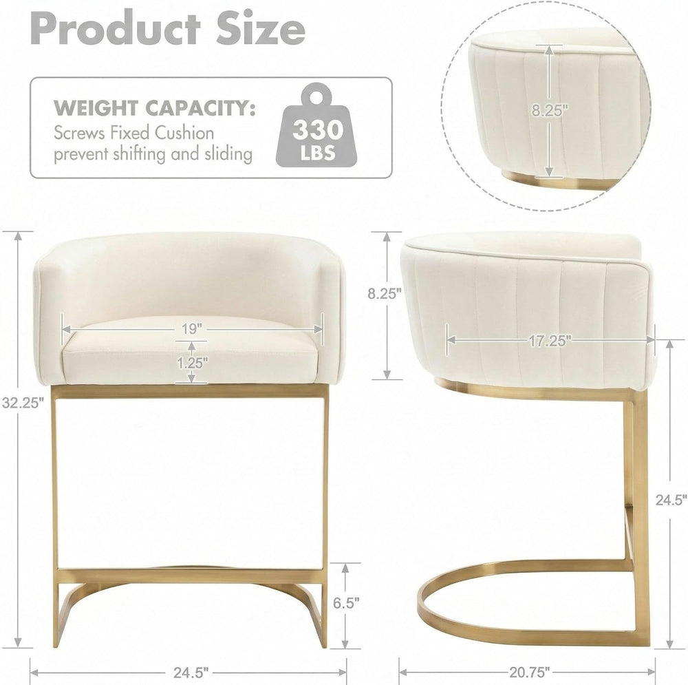 Hyfirm Set of 3 Beige Velvet Counter Height Bar Stools Gold Base