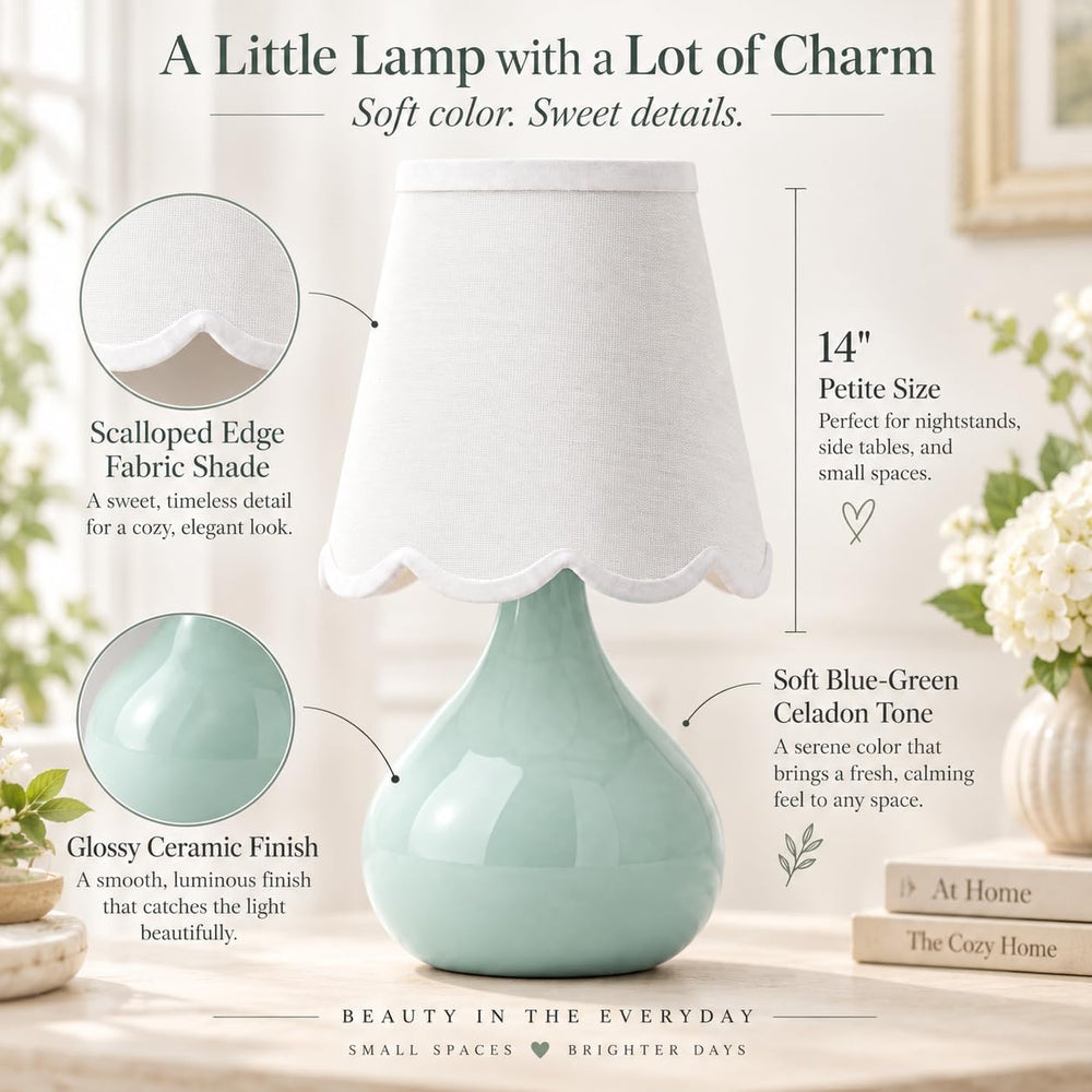 14 Inch Cordless Ceramic Table Lamp with Scalloped Shade, Celadon Green
