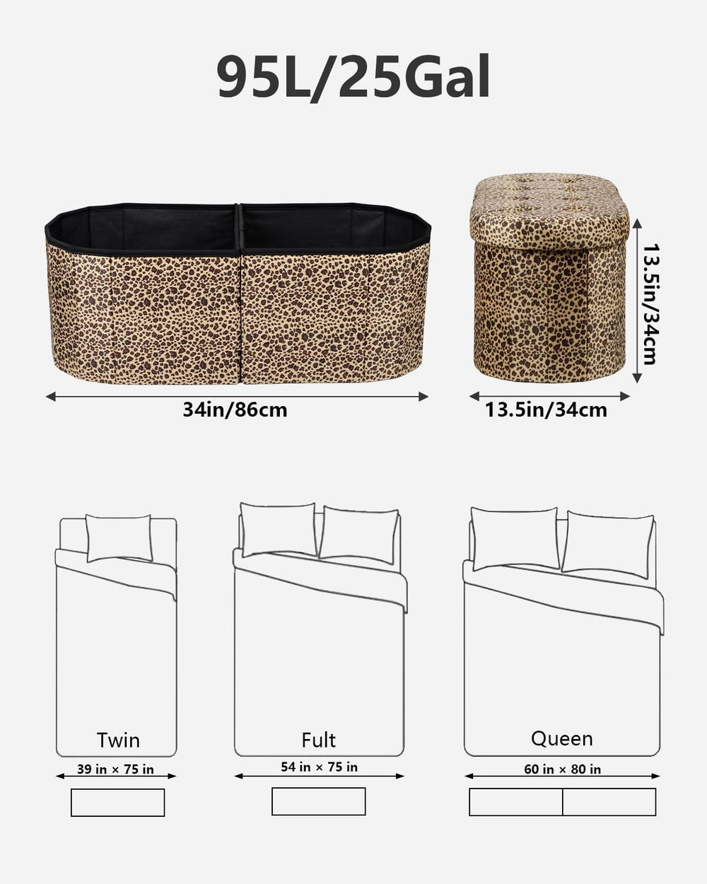 AmasSmile Oval Ottoman Storage Bench,34" Leather Folding Chest,Leopard