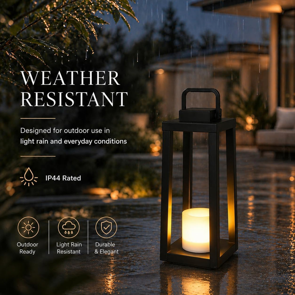 H16 Modern Outdoor Solar Lantern Black Metal Frame with Flickering LED Candle...