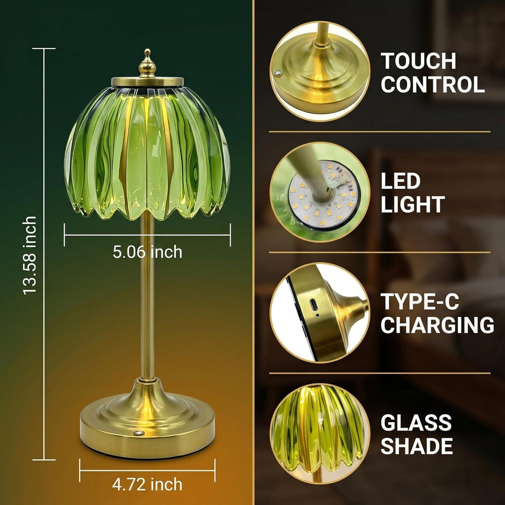 EJQ Glass Tulip Rechargeable Table Lamp, Cordless Flower Table Light -Green