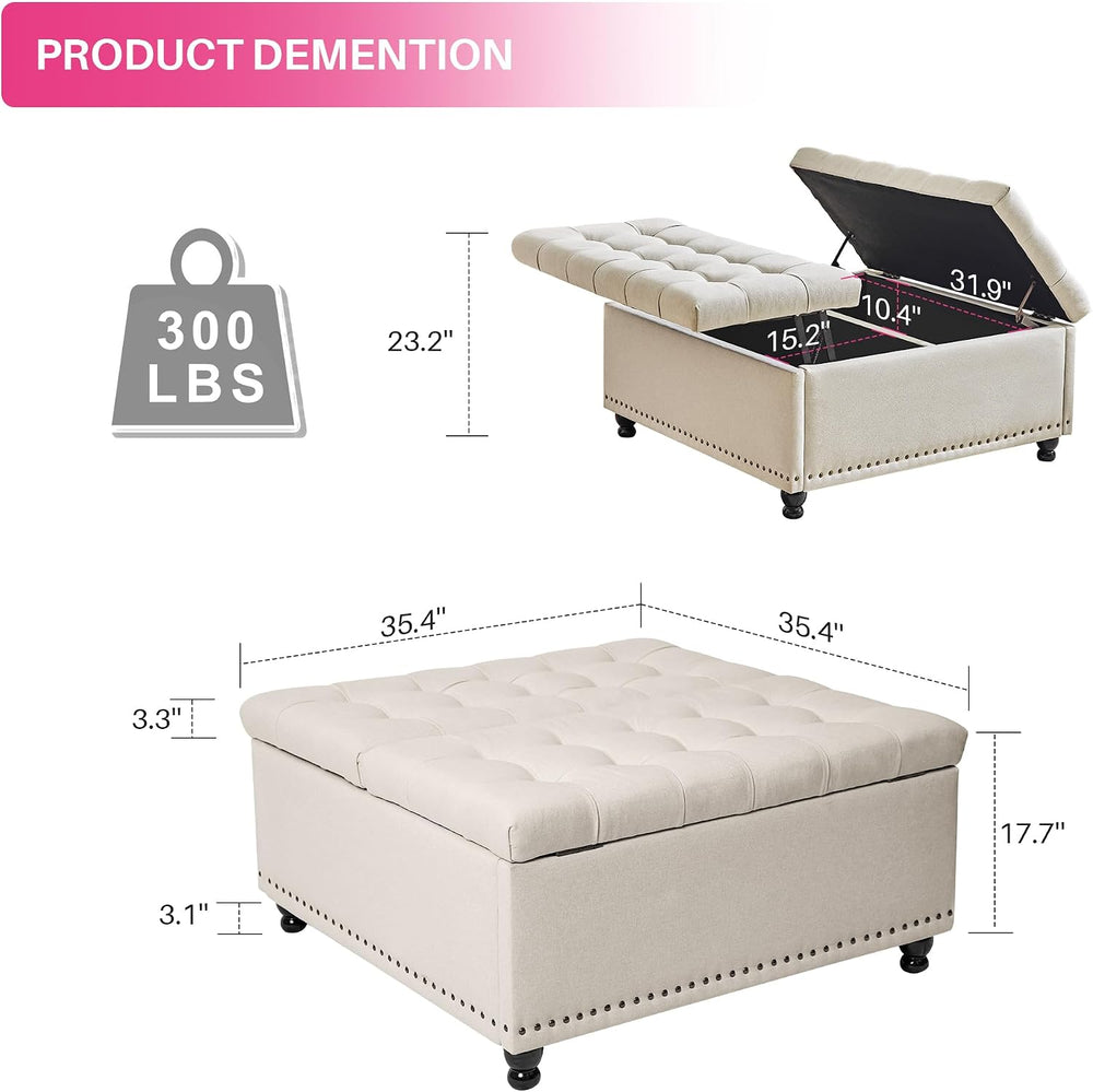Redlife 35 Inch Large Square Storage Ottoman, Coffee Table Ottoman, Linen