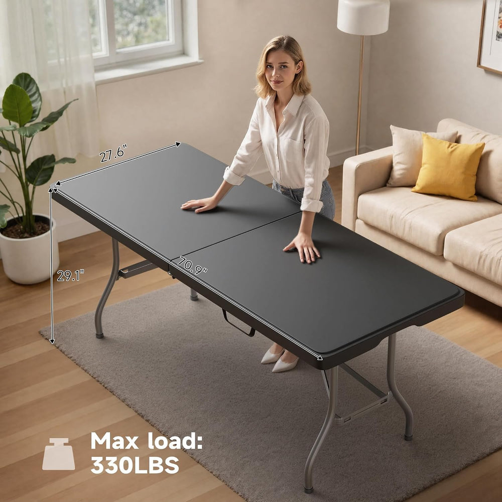 6 Foot Folding Table Black - Durable 330LBS Capacity, Sturdy & Foldable D...