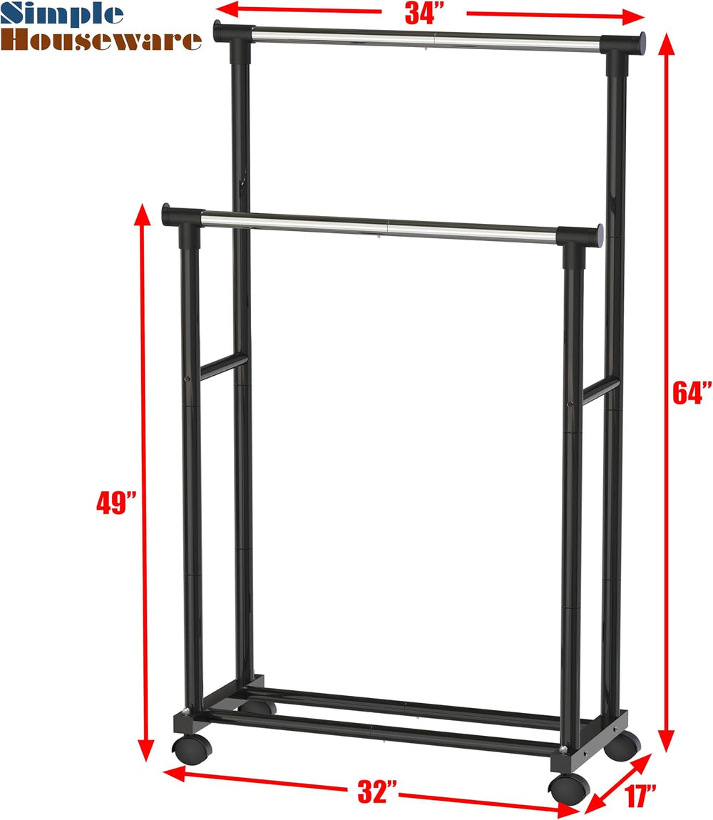 Simple Houseware Double Rods Clothing Hanging Rack on Wheels, Black