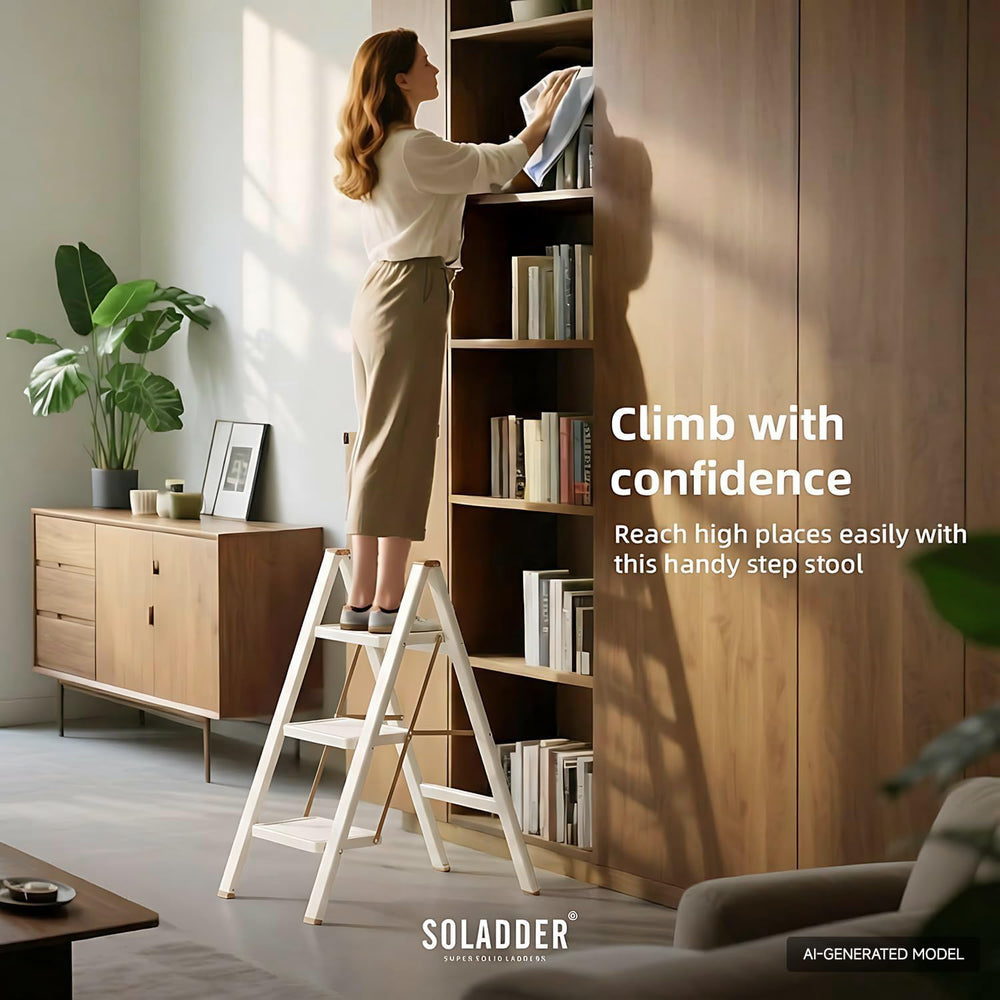 SOLADDER 3 Step Ladder, Folding Step Stool, Cream Chocolate
