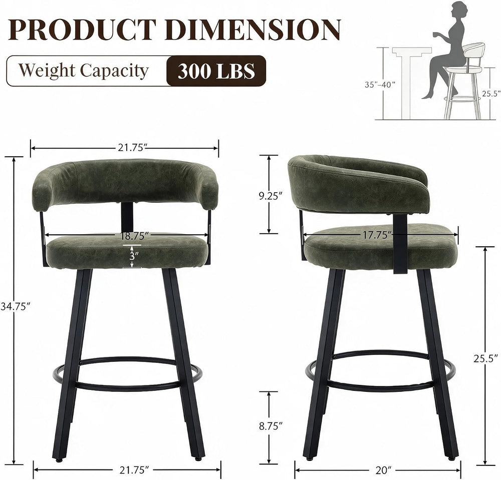 Shunzhi Modern Green Counter Height Bar Stools Set of 2 Leather Barstools wit...