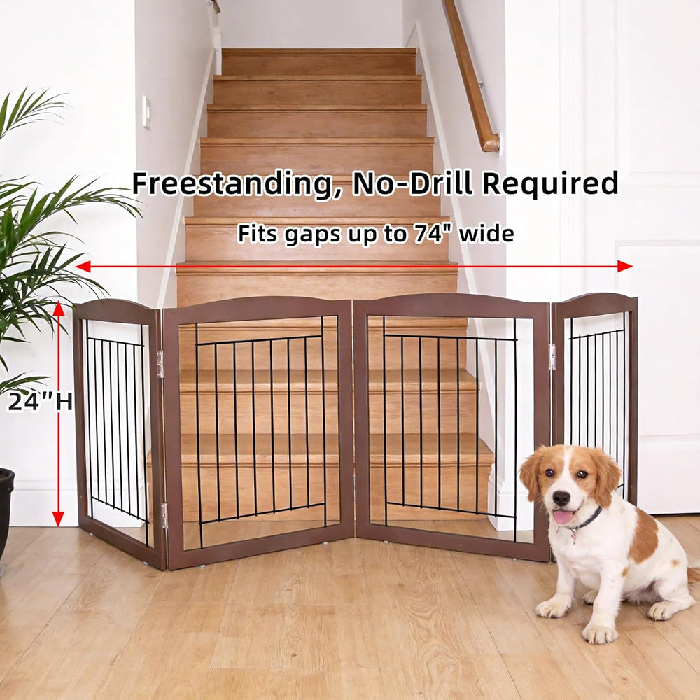 ZJSF Freestanding Foldable Dog Gate for House Extra Wide Wooden Brown Puppy G...