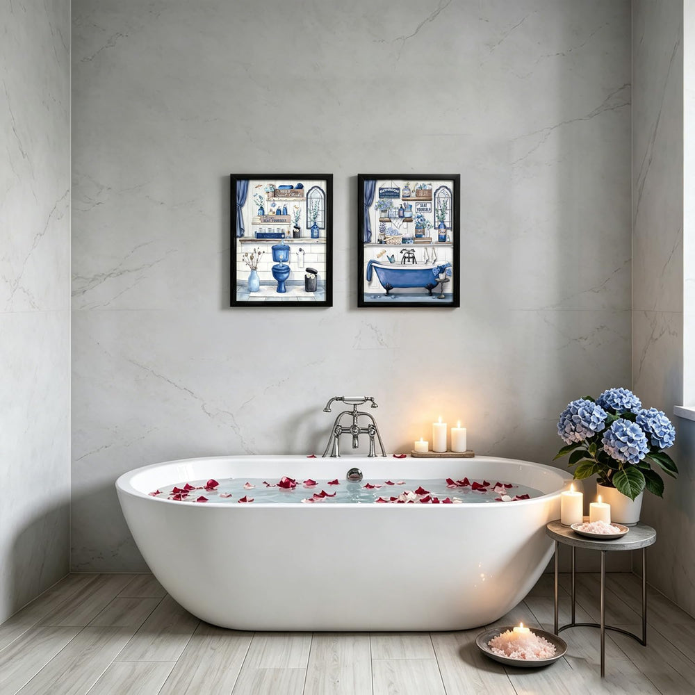 LDXCJXOR Blue Farmhouse Bathroom Wall Art, 2-Piece Black Framed Canvas Painti...
