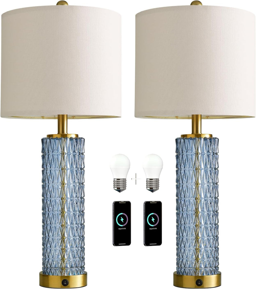 Oneach 27.75" Blue Table Lamps Set of 2 with LED Nightlight for Bedside