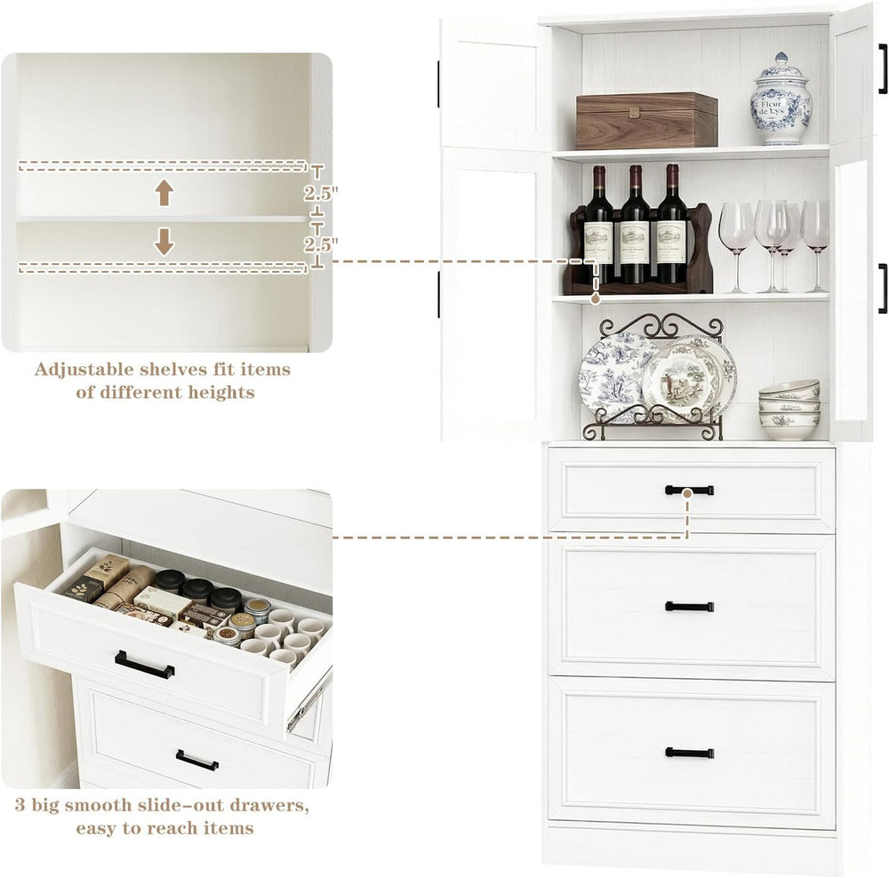 Unikito 80" Kitchen Pantry Cabinet with Glass Door and 3 Drawer Organizers