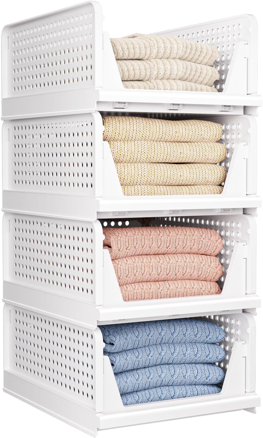 4 Pack Folding Closet Organizers Storage Box, Stackable Storage Bins, Plastic...