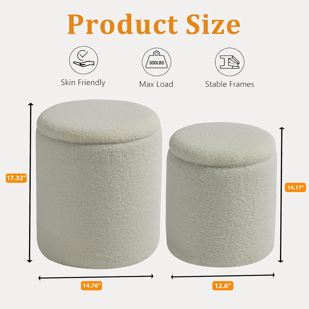 BLEXA Set of 2 Round Storage Ottoman, White Sherpa Ottoman with Storage