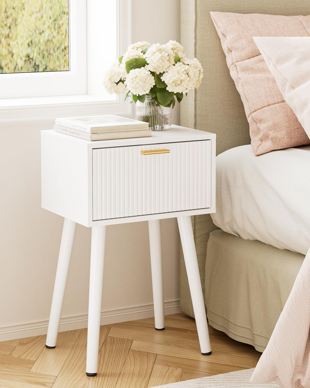 Night Stand Set 2, Modern Nightstand with Fluted Doors, White