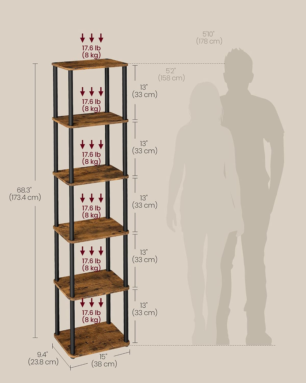 VASAGLE 6-Tier Shelf, Storage Shelves, Bookcase with Shelves, Living Room