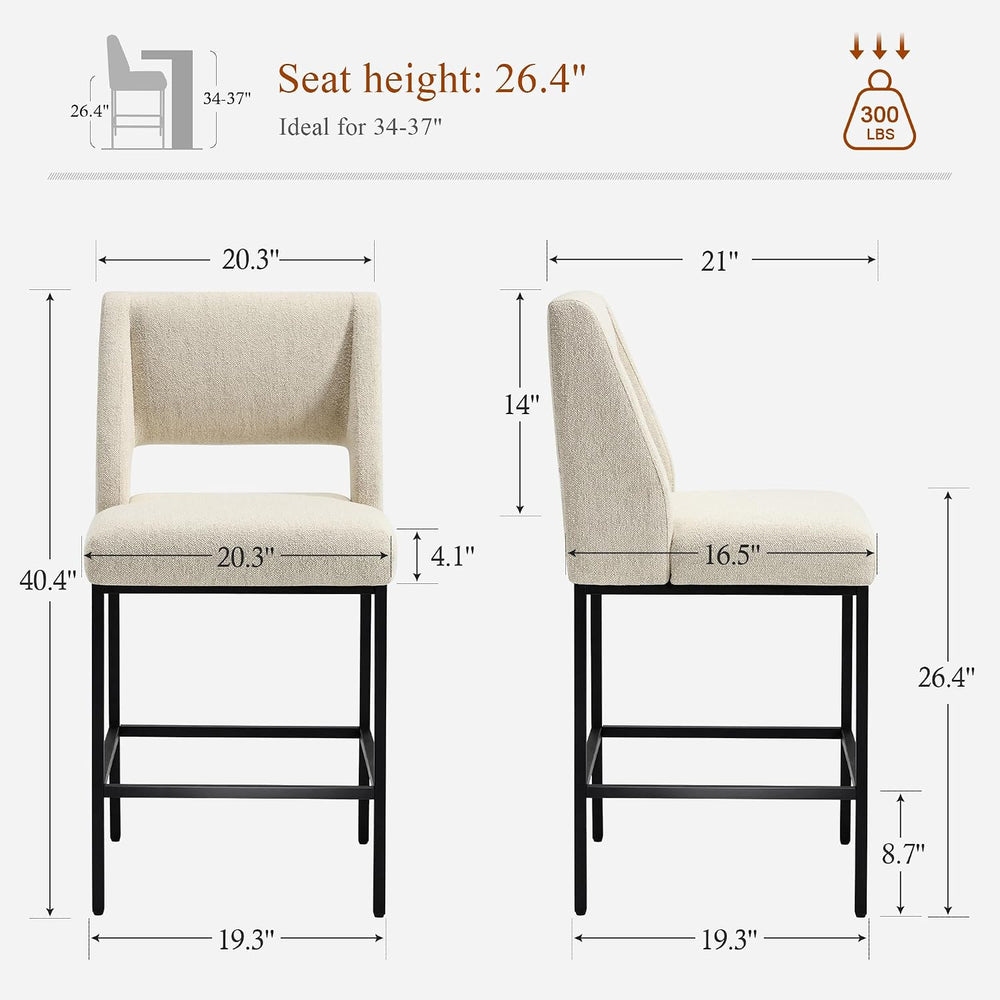 Upholstered Counter Height Stools, Beige Linen Bar Stools with Metal Legs and...