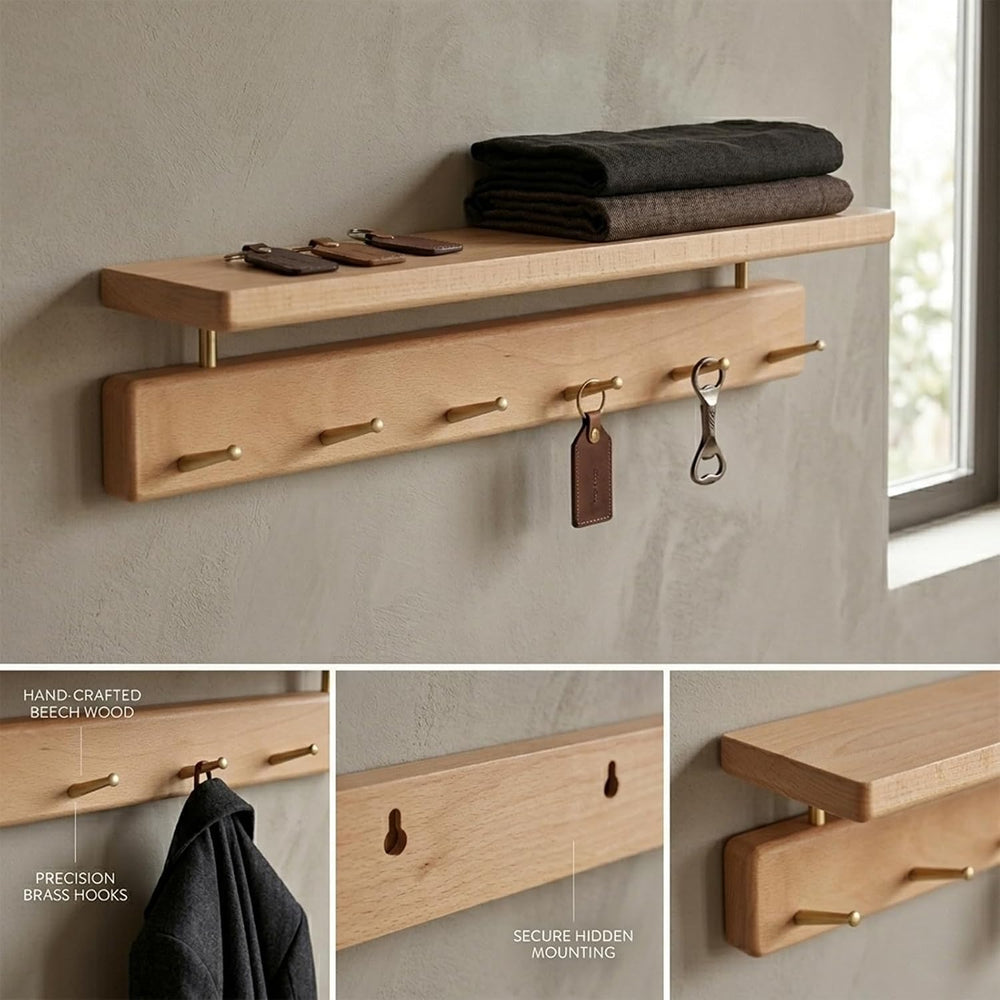 Beech Wood Coat Rack with Shelf, Wall Mounted Rack with 5 Hooks