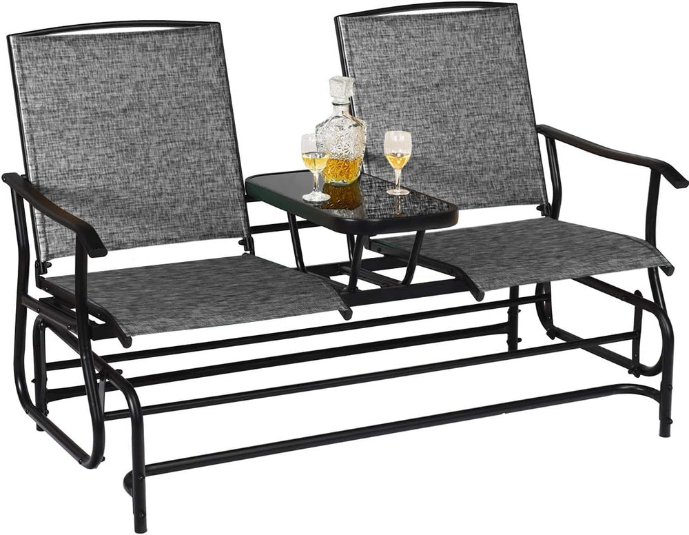GIANTEX Patio Bench Glider Chair with Metal Frame, Center Tempered Glass Tabl...