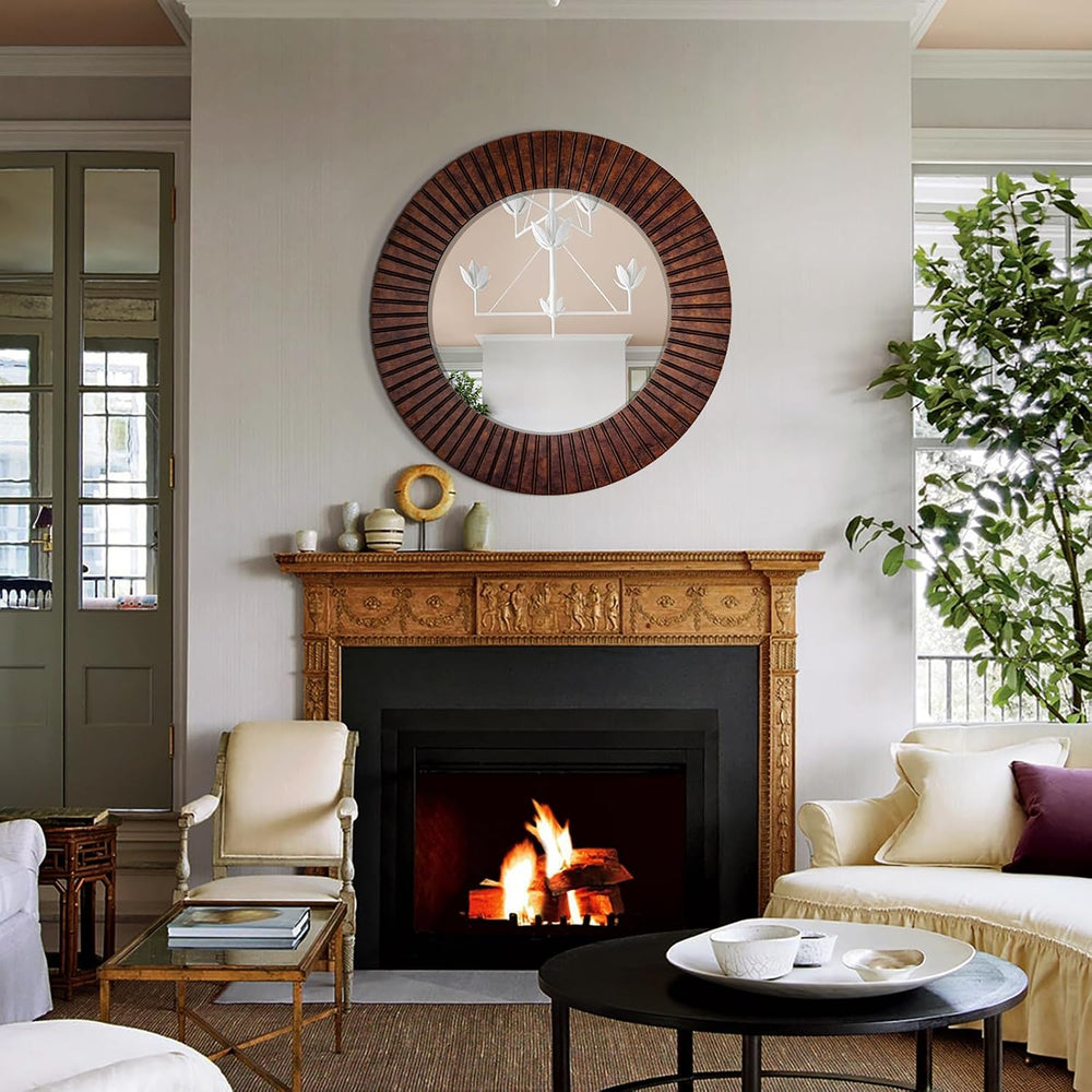 Chende 36'' Circle Mirror with Wood Frame, Large Decorative Mirror fo...