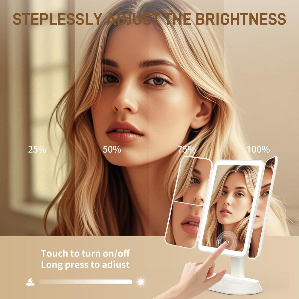 FRANO Trifold Makeup Mirror with Light, 3X/5X Magnifying Vanity Mirror,