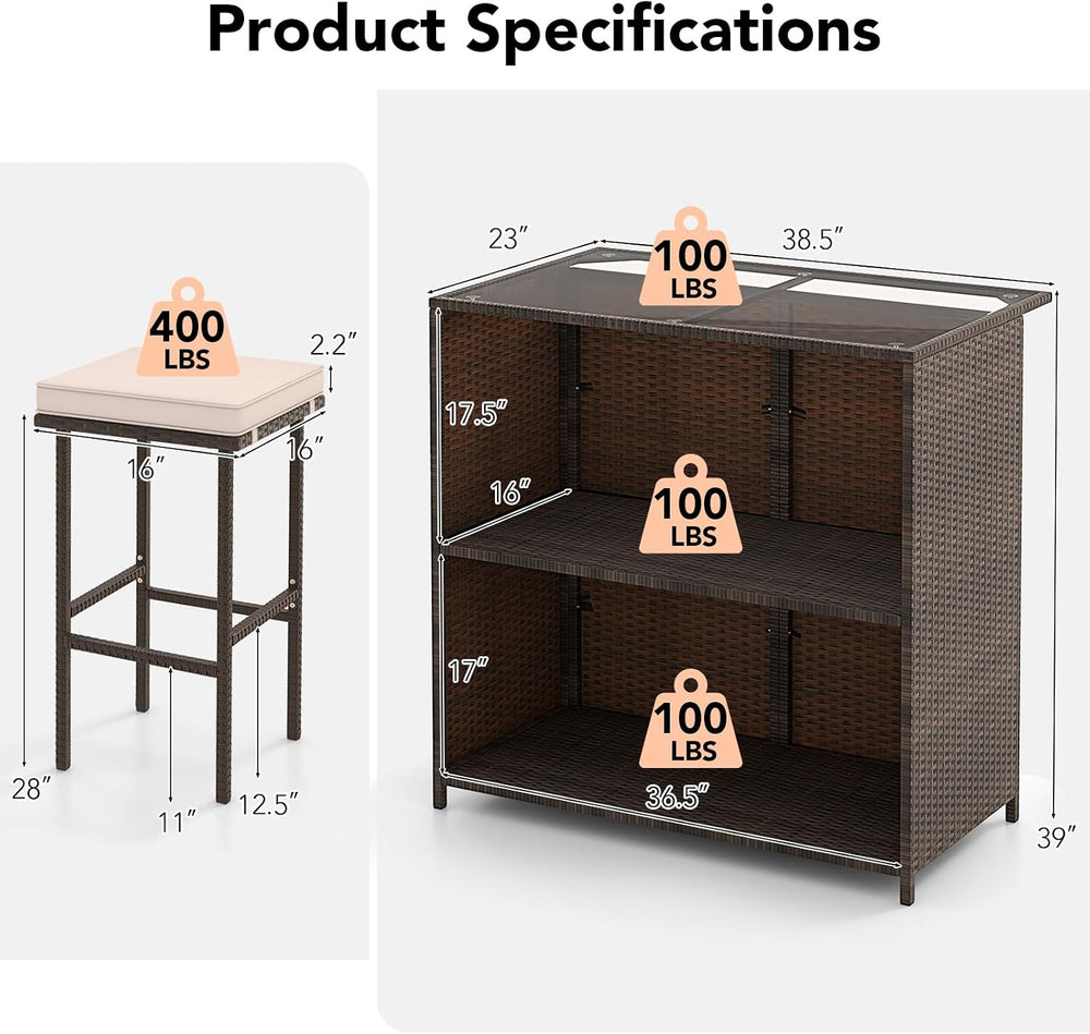 Tangkula 3 Piece Patio Bar Set, Outdoor Rattan Bar Table and 2 Stools with Te...