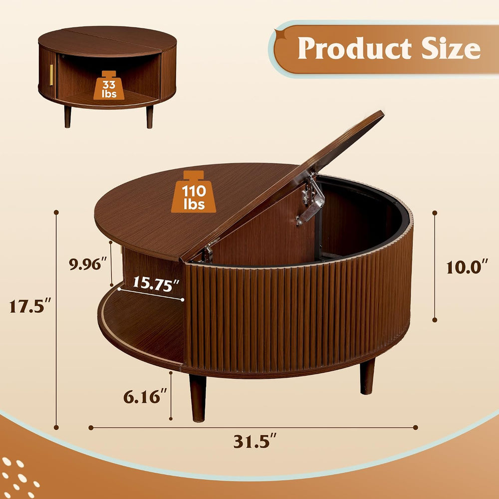 WLIVE 31.5" Round Coffee Table with Storage, Walnut Brown