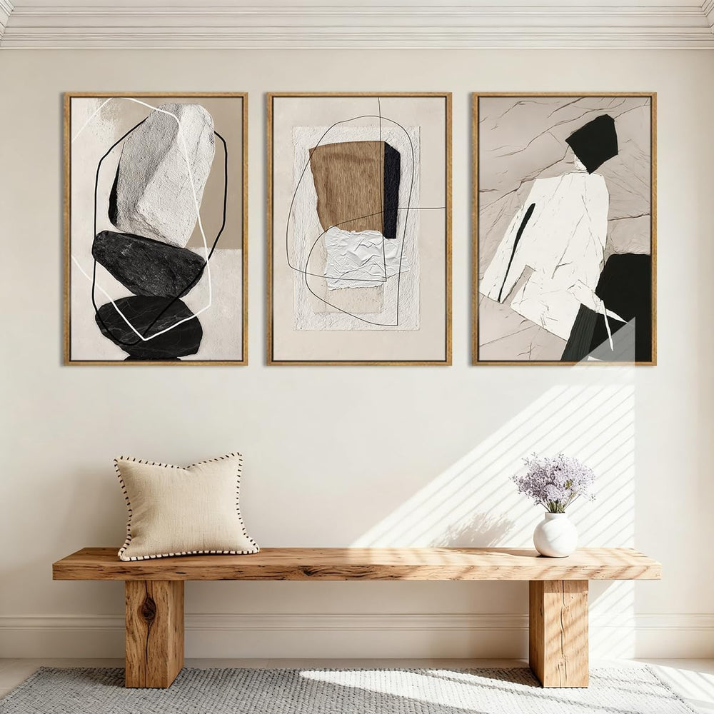 ANHUIB Large Neutral Abstract Wall Art Canvas,Black Beige Artwork, Modern Fra...